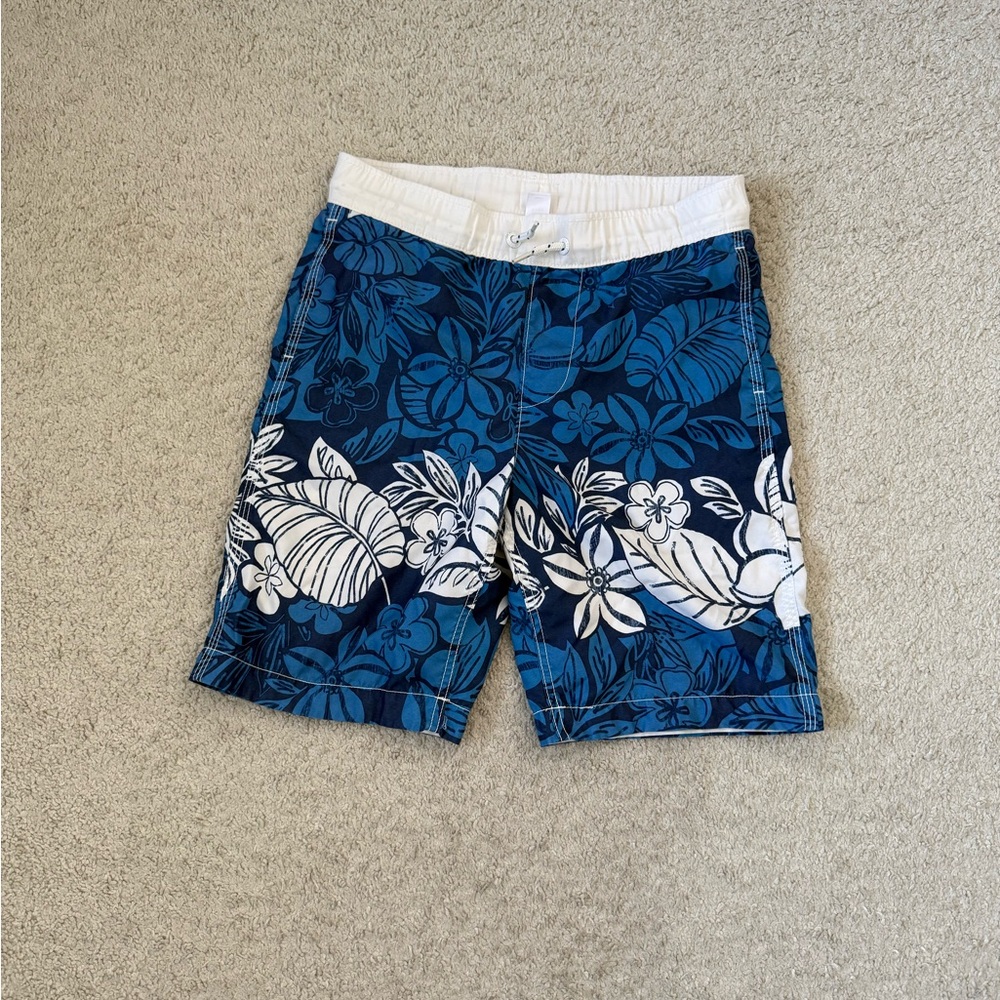 Kid’s Blue Floral Swim Shorts with White Waistband